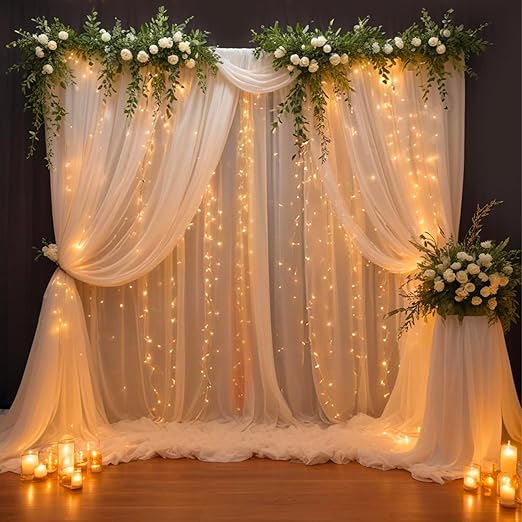 Party Propz White Net Curtain for Decoration with Fairy Lights (9m), White Canopy Tent for Decorations, Birthday Backdrop for Decoration, Backdrop Decorations(7pcs)